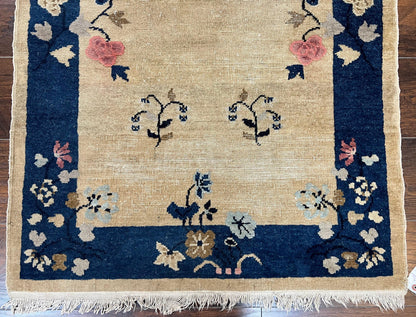 Antique Chinese Peking Rug 3x6, Beige and Dark Blue Hand Knotted Handmade Asian Oriental Carpet, Floral Vases, Vintage Wool Art Deco Rug - Nuvé