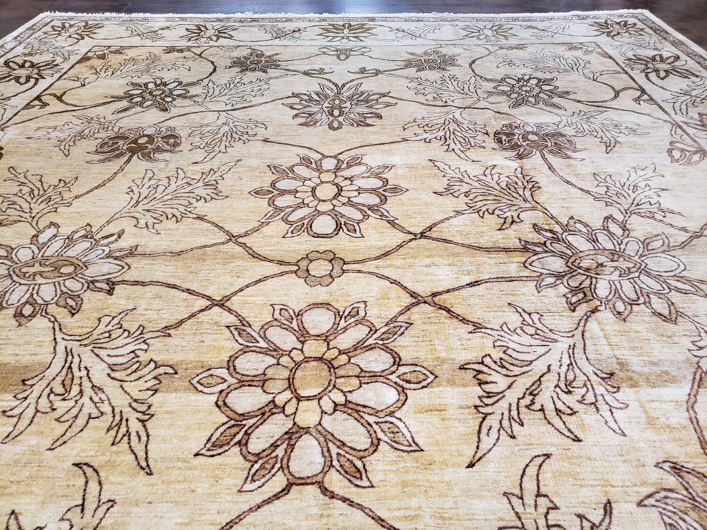 Oversized Peshawar Chobi Oushak Area Rug 11.6 x 12.5, Wool Hand-Knotted Light Gold & Ivory Decorative Pakistani Floral Carpet, 11x12 - 12x13 - Nuvé
