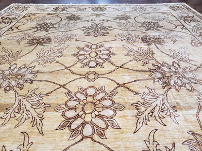 Oversized Peshawar Chobi Oushak Area Rug 11.6 x 12.5, Wool Hand-Knotted Light Gold & Ivory Decorative Pakistani Floral Carpet, 11x12 - 12x13 - Nuvé