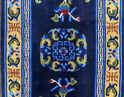 Chinese Art Deco Rug 3 x 5.9, Handmade Chinese Peking Carpet, Dark Blue and Gold, Medallion, Asian Oriental 3x6 Hand Knotted Vintage Rug - Nuvé