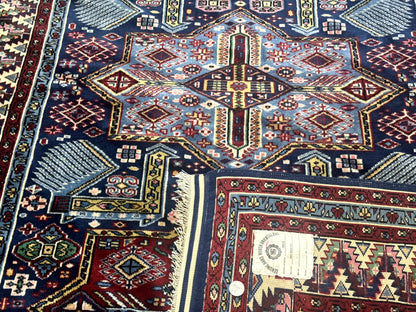 Indian Rug with Caucasian Design, 4x6 Geometric Carpet, Navy Blue and Cream - Nuvé