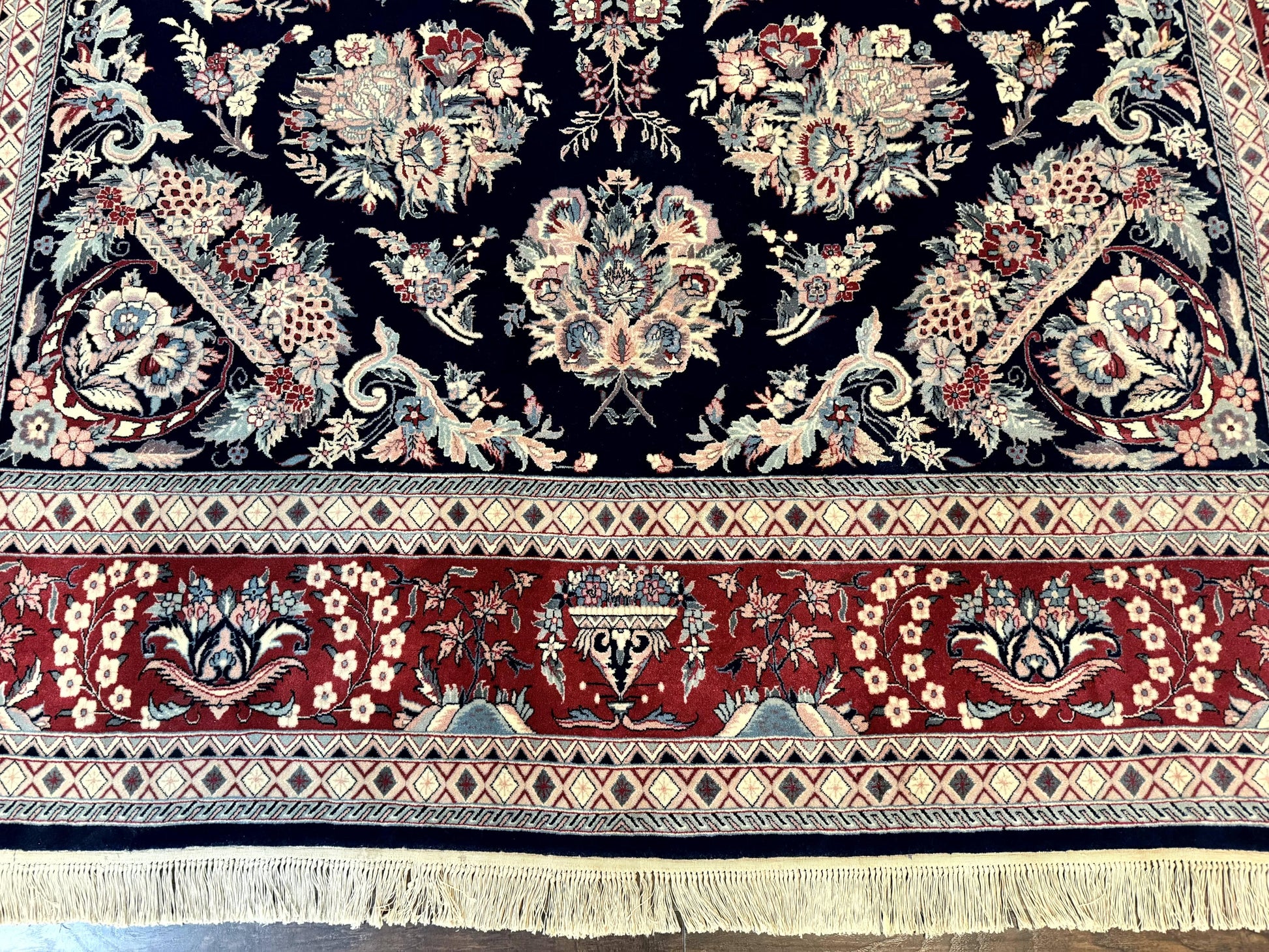 Sino Persian Rug 8x10, Floral Kirman Carpet, Navy Blue and Red, Floral Vases, Handmade Vintage Wool Carpet, 320 KPSI - Nuvé