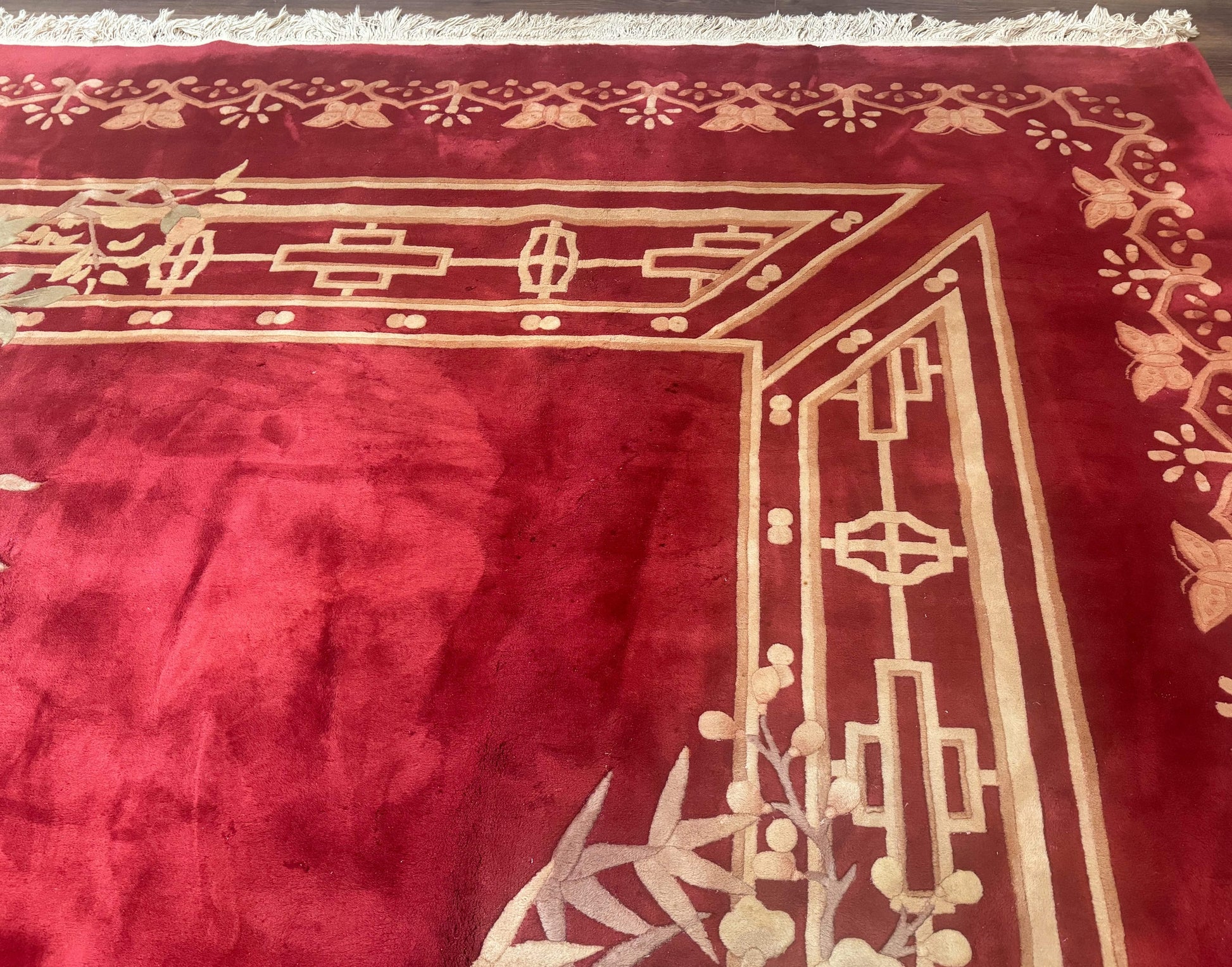 Palace Size Chinese Wool Rug 12x18, Red Art Deco Chinese Carving Carpet, Butterflies Flowers - Nuvé