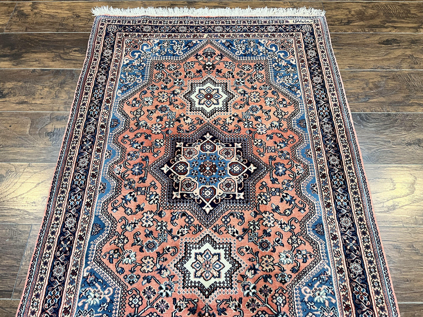 Persian Shiraz Rug 3x5, Geometric Tribal Rug, Wool Hand Knotted Vintage Carpet, Light Red & Blue, Signed by Masterweaver - Nuvé