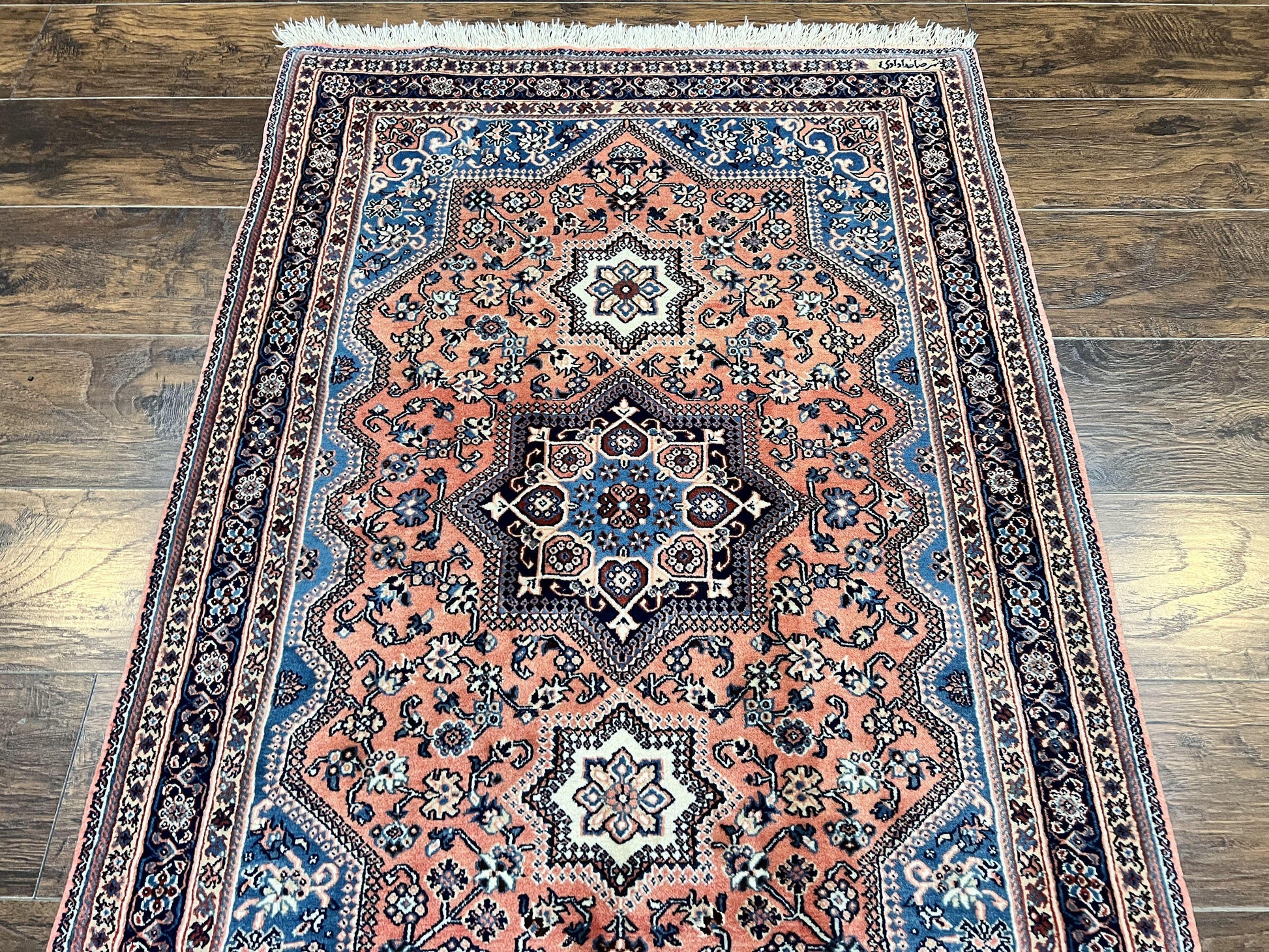 Persian Shiraz Rug 3x5, Geometric Tribal Rug, Wool Hand Knotted Vintage Carpet, Light Red & Blue, Signed by Masterweaver - Nuvé