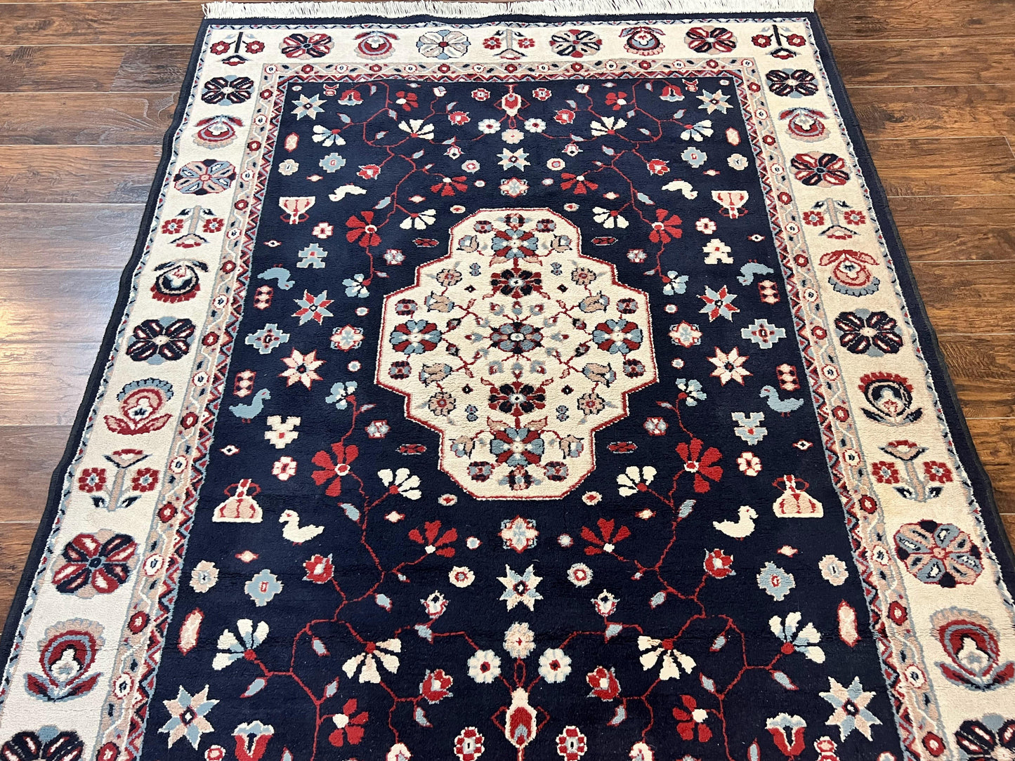 Belgium Power Loomed Rug 5.6 x 7, Navy Blue and Ivory, Heriz Pattern, Vintage Oriental Carpet - Nuvé