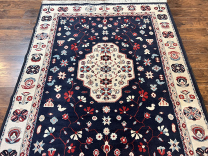 Belgium Power Loomed Rug 5.6 x 7, Navy Blue and Ivory, Heriz Pattern, Vintage Oriental Carpet - Nuvé