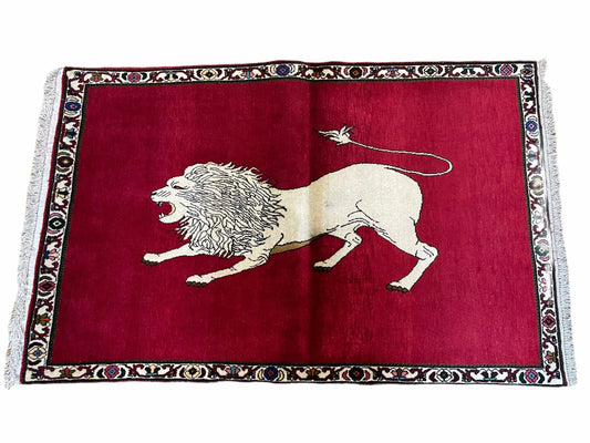 4 X 6 Handmade Hand-Knotted Quality Wool Rug Zagros Lion Red Ivory Tribal Rug - Nuvé