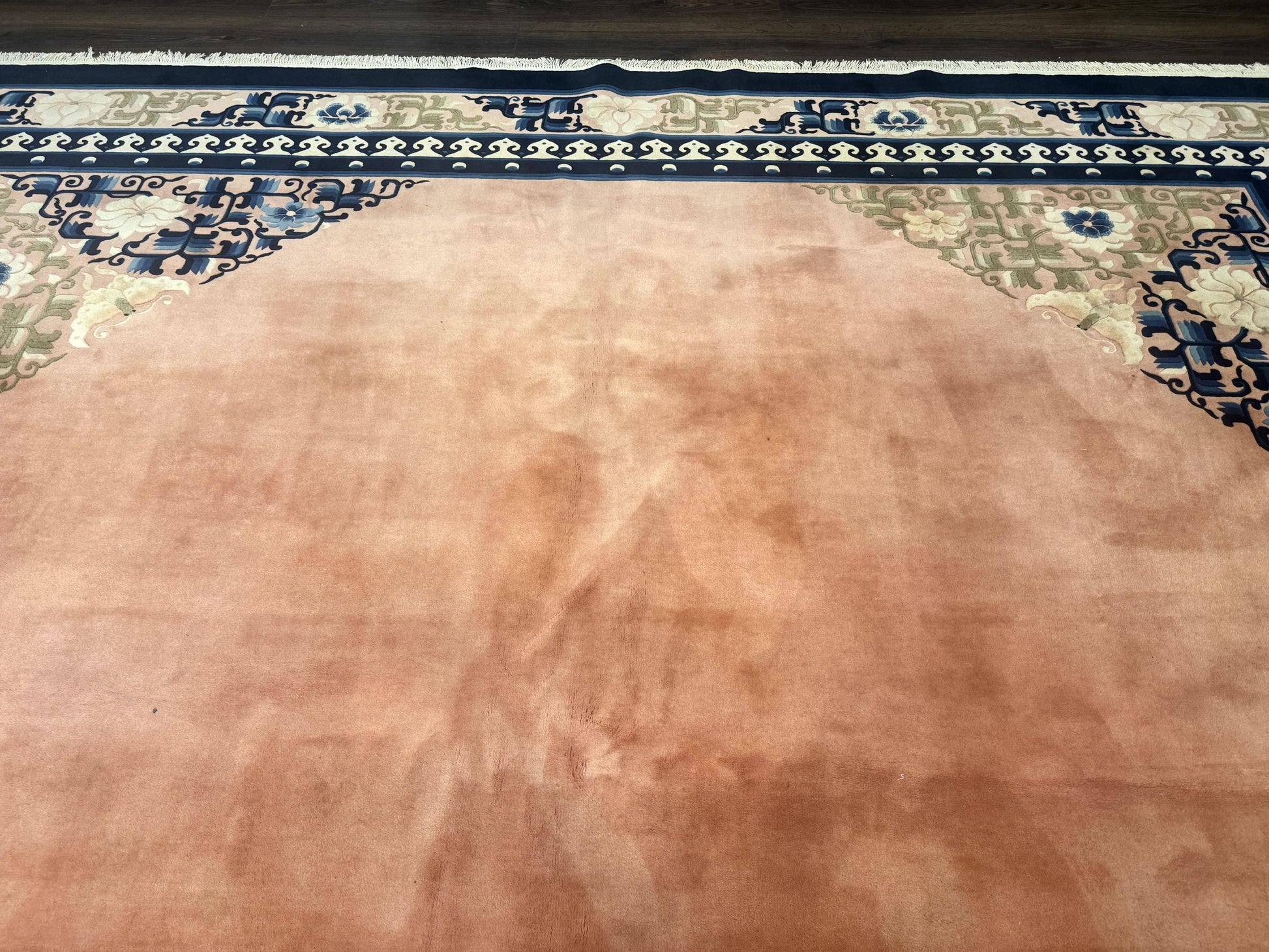 Chinese Wool Rug 11x18, Palace Sized Chinese Carpet, Peking Rug, Peach and Blue, Open Field, Simple Design, Art Deco Rug, Large Handmade Rug - Nuvé