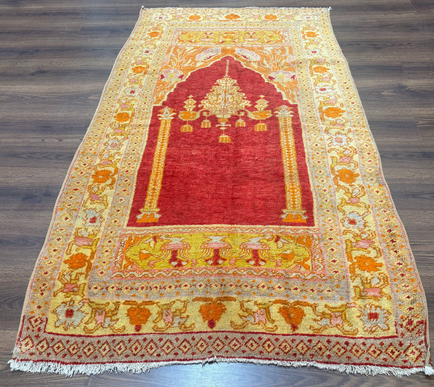 Antique Turkish Prayer Rug 4x6, Red and Golden Mustard, Mihrab Design, Anatolian Carpet - Nuvé