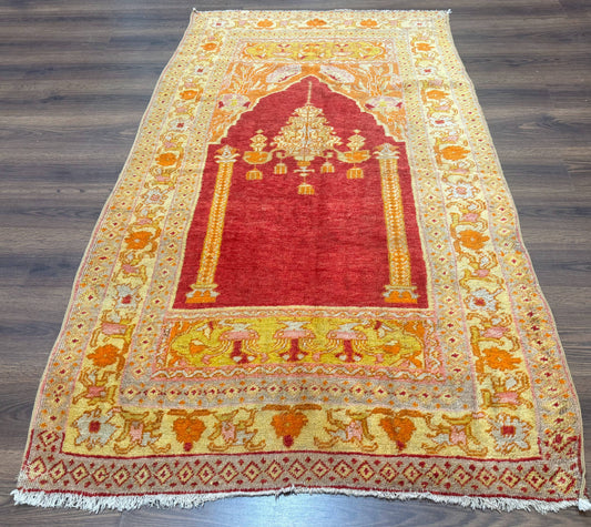 Antique Turkish Prayer Rug 4x6, Red and Golden Mustard, Mihrab Design, Anatolian Carpet - Nuvé