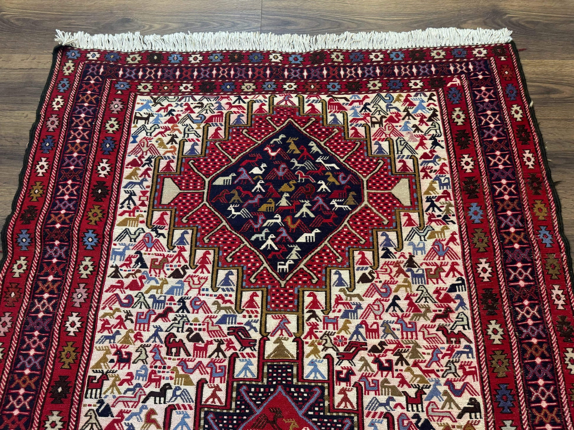 Persian Soumak Kilim Rug 4x6, Triple Medallions Tribal Pictorials, Caucasian Azerbaijani Kilim - Nuvé