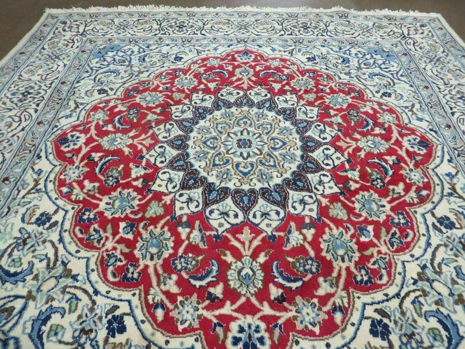 Square Persian Nain Rug 6.3 x 6.8, Hand-Knotted Wool with Silk Accents, Ivory Red Blue - Nuvé