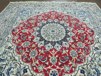 Square Persian Nain Rug 6.3 x 6.8, Hand-Knotted Wool with Silk Accents, Ivory Red Blue - Nuvé