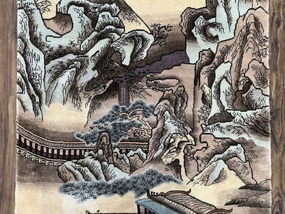 Silk Chinese Wall Hanging Rug 3x6 ft Tapestry, Pagoda Scene, Pictorial, High Quality Fine Hand Knotted Vintage, Asian Oriental Handmade Nice