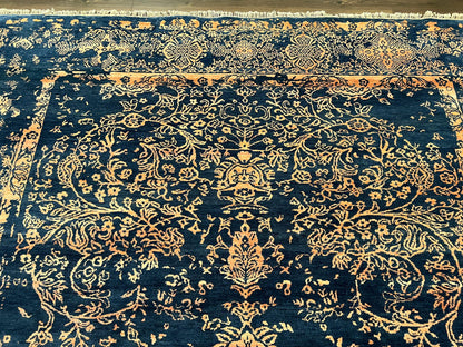 Area Rug 8x10 High Quality Handmade Oriental Carpet, Modern Contemporary Rug, Rug for Living Room, Wool Rug, Blue and Gold, Pakistani Rug - Nuvé