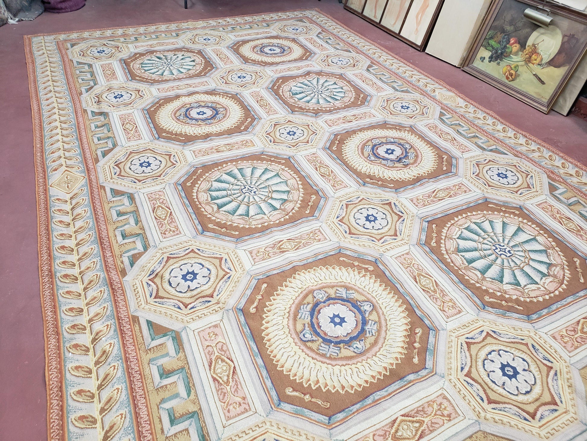 New Chinese Needlepoint Rug 8x14 - 9x14, French European Panel Design, Elegant Dining Room Rug, Flatweave Hand Woven Carpet, Handmade, Wool - Nuvé