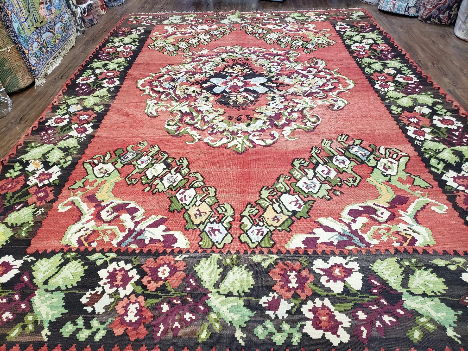 Karabakh Rug 8x11, Caucasian Kilim Rug, Vintage Antique Turkish Anatolian Azerbaijani Carpet, Wool Red & Black Hand-Woven 8 x 11 Living Room - Nuvé