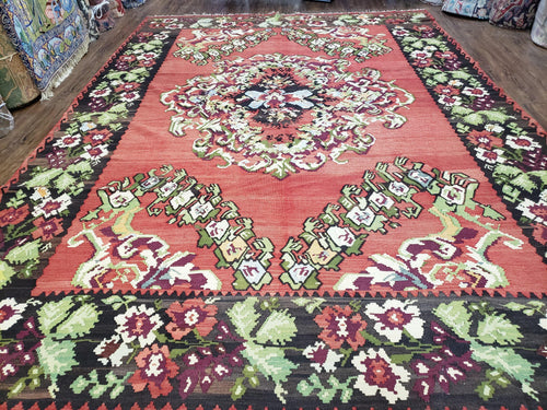 Karabakh Rug 8x11, Caucasian Kilim Rug, Vintage Antique Turkish Anatolian Azerbaijani Carpet, Wool Red & Black Hand-Woven 8 x 11 Living Room - Nuvé