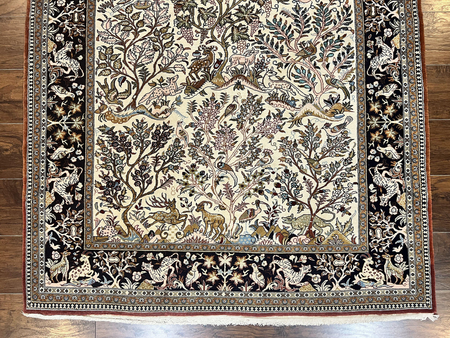 Persian Qum Tree of Life Rug 5x7, Wool and Silk Highlights, Animal Motifs, Vintage Hand Knotted Handmade Cream & Black Fine Oriental Carpet - Nuvé