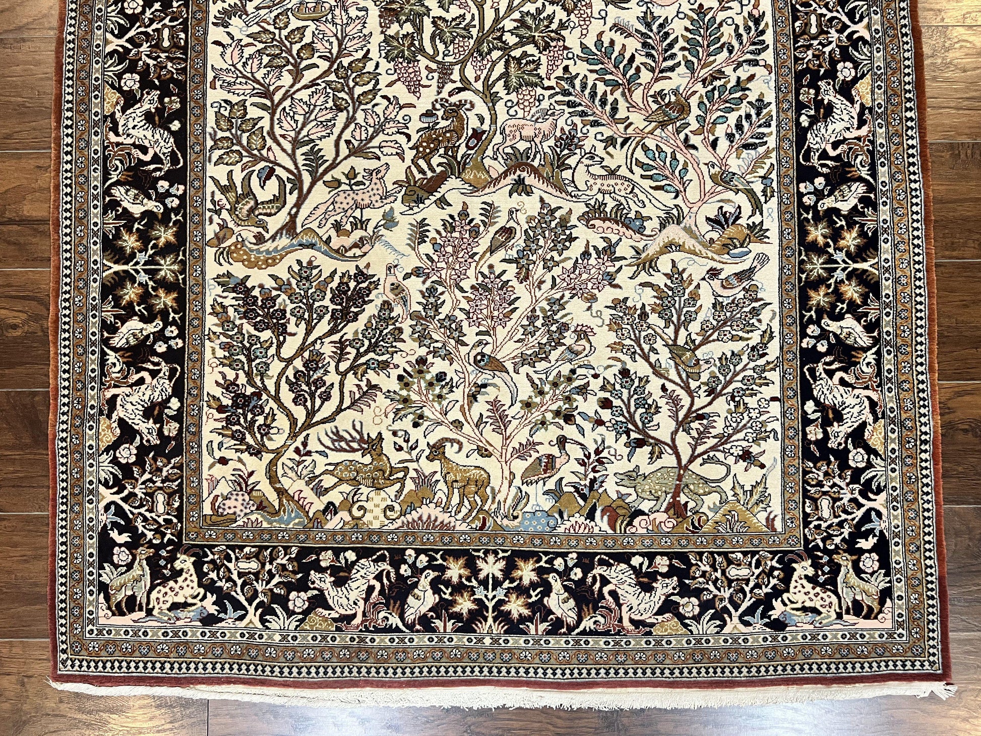 Persian Qum Tree of Life Rug 5x7, Wool and Silk Highlights, Animal Motifs, Vintage Hand Knotted Handmade Cream & Black Fine Oriental Carpet - Nuvé