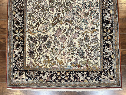 Persian Qum Tree of Life Rug 5x7, Wool and Silk Highlights, Animal Motifs, Vintage Hand Knotted Handmade Cream & Black Fine Oriental Carpet - Nuvé