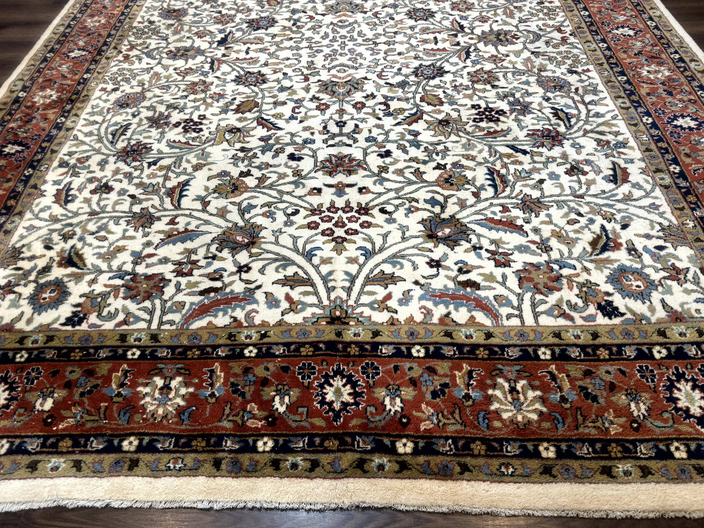 Indo Persian Rug 9x12, Ivory and Red, Traditional Wool Oriental Carpet - Nuvé