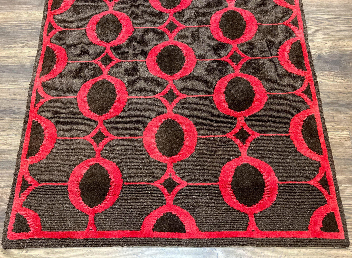 Modern Tibetan Rug 3.8 x 5.7, Raspberry Red and Dark Brown, Abstract Circle Design, Hand Knotted, Soft Wool Handmade Tibet Nepali Carpet 4x6 - Nuvé