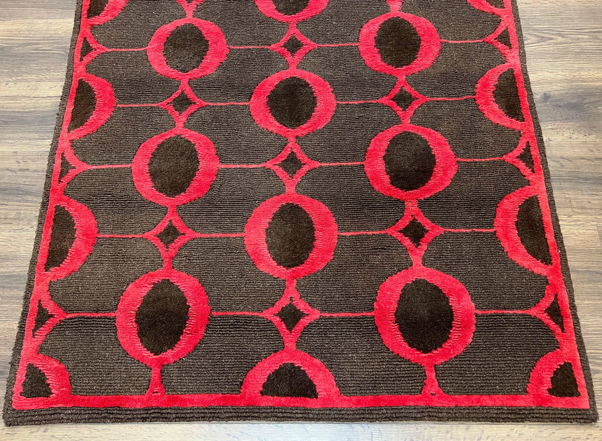 Modern Tibetan Rug 3.8 x 5.7, Raspberry Red and Dark Brown, Abstract Circle Design, Hand Knotted, Soft Wool Handmade Tibet Nepali Carpet 4x6 - Nuvé