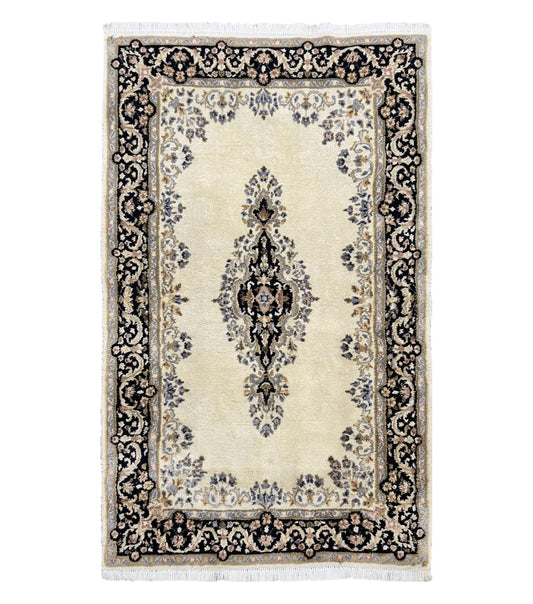 Persian Kirman Rug 4x7, Wool Hand Knotted Antique Carpet, Beige, Semi Open Field Medallion Rug, Traditional Handmade Oriental Rug