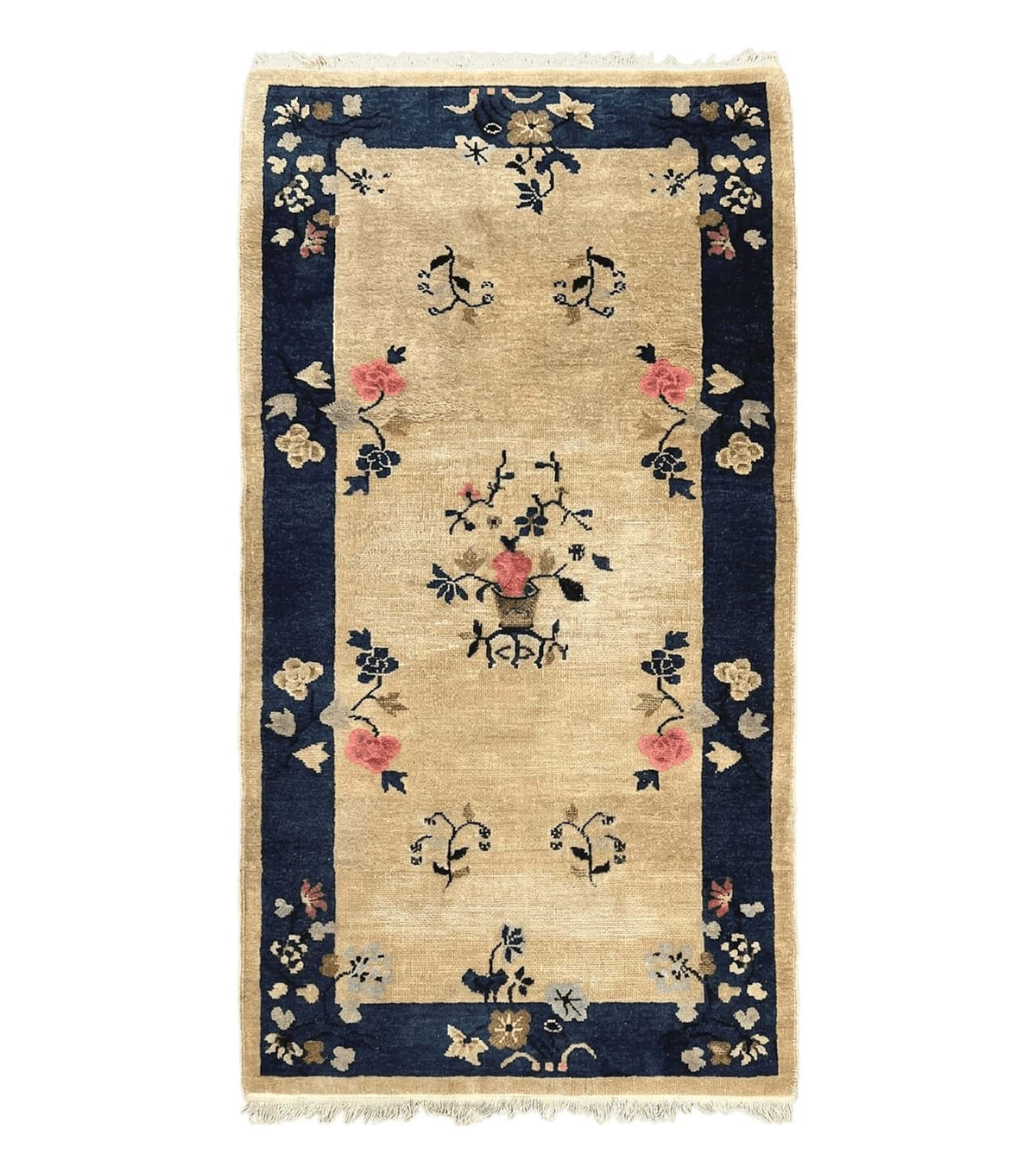 Antique Chinese Peking Rug 3x6, Beige and Dark Blue Hand Knotted Handmade Asian Oriental Carpet, Floral Vases, Vintage Wool Art Deco Rug