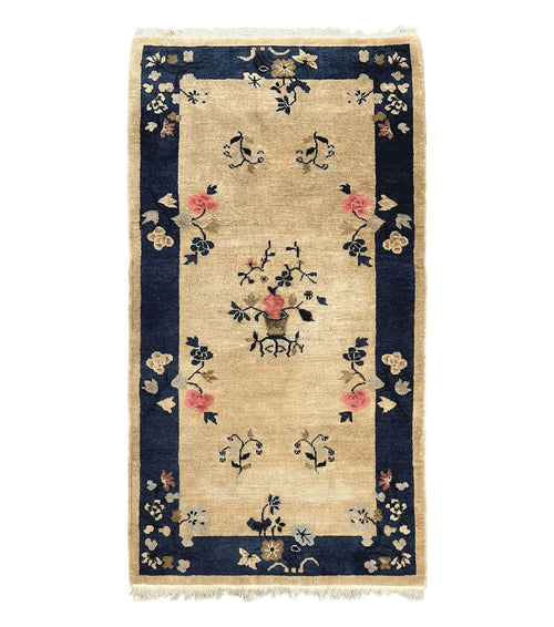 Antique Chinese Peking Rug 3x6, Beige and Dark Blue Hand Knotted Handmade Asian Oriental Carpet, Floral Vases, Vintage Wool Art Deco Rug