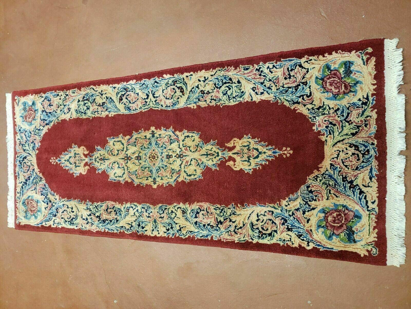 Small Persian Kirman Rug 2x4, Wool Oriental Vintage Handmade Carpet, Hand Knotted Floral Medallion, Red & Beige, Semi Open Field - Nuvé
