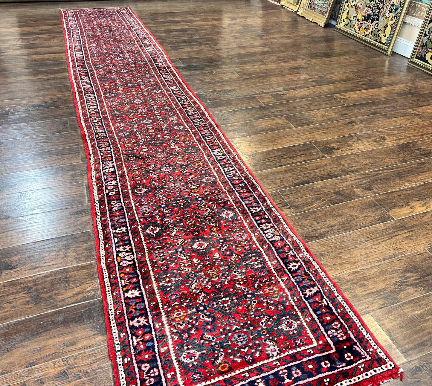 Long Persian Runner Rug 2.9 x 17, Red Handmade Wool Rug for Hallway, Antique Persian Carpet, 17ft Runner, Persian Hamadan Dargazine Rug - Nuvé
