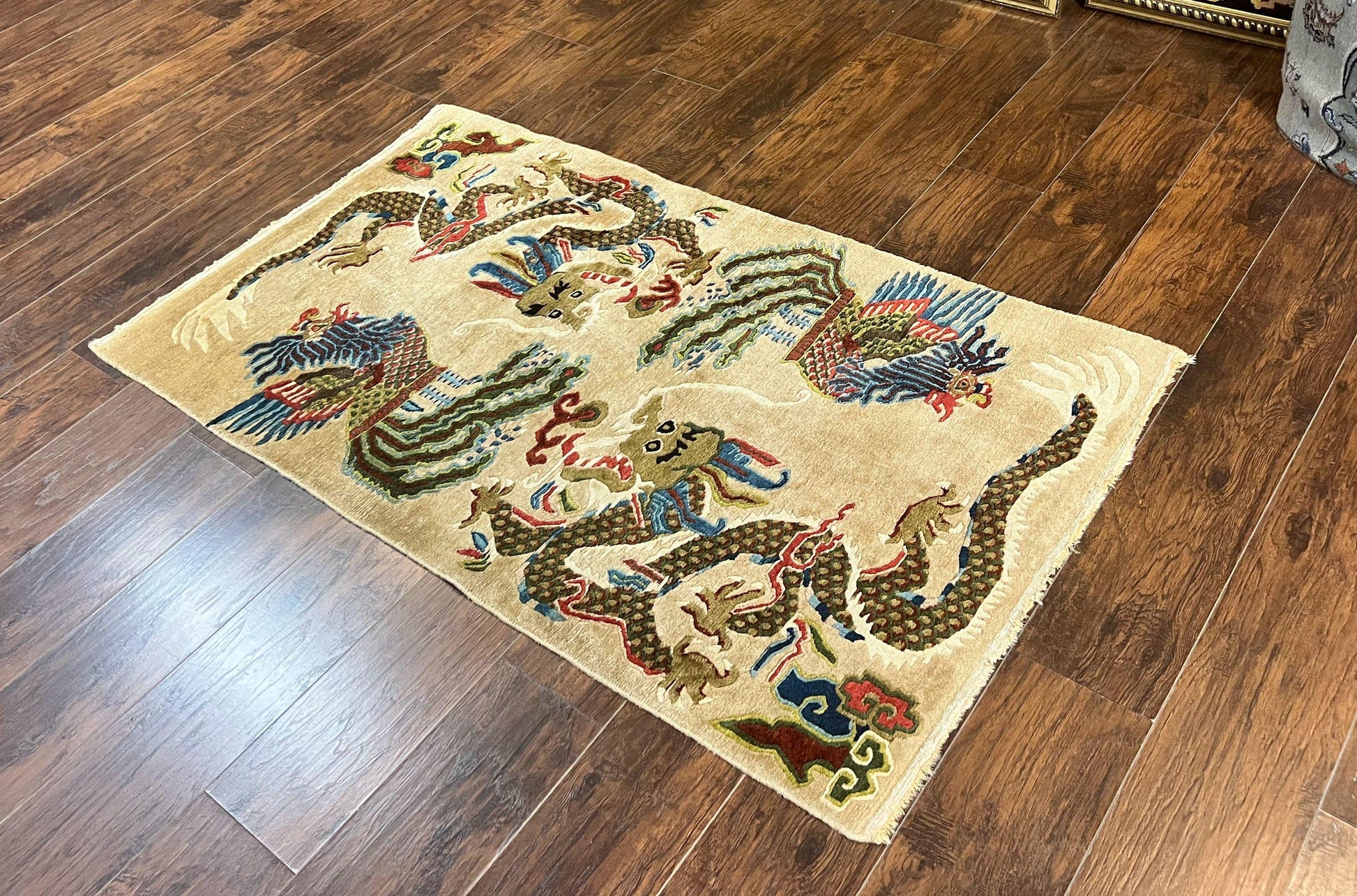 Antique Chinese Peking Rug 3 x 5.6, Dragon Motifs, Handmade Wool Asian Oriental Carpet - Nuvé