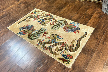 Antique Chinese Peking Rug 3 x 5.6, Dragon Motifs, Handmade Wool Asian Oriental Carpet - Nuvé
