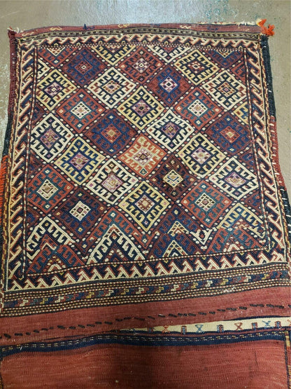 26" X 56" Antique Handmade Authentic Tribal Wool Rug Double Bag Tobreh - Nuvé