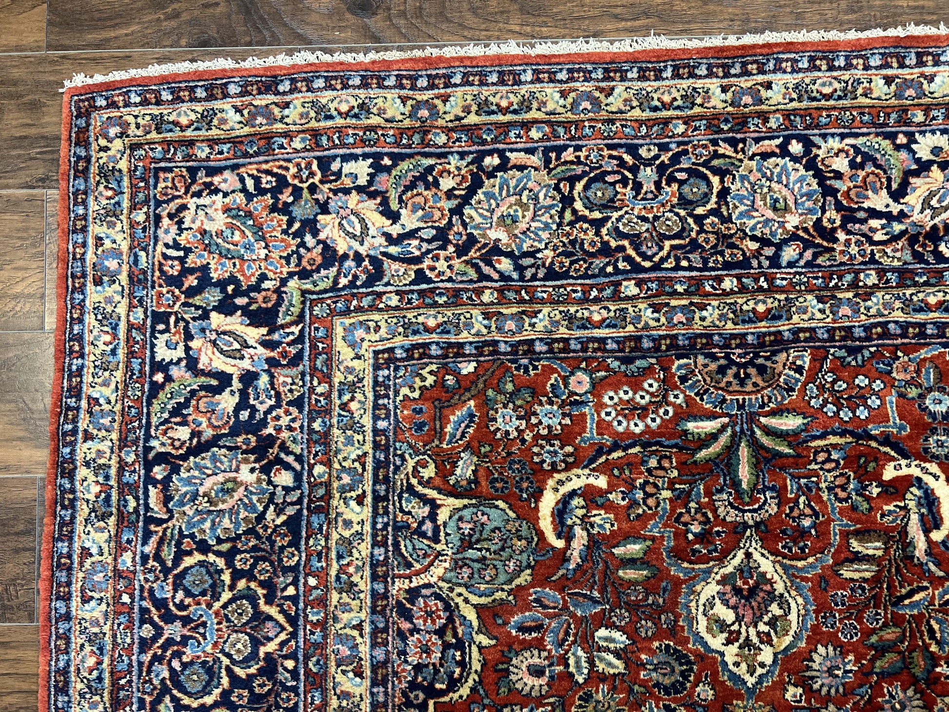 Persian Sarouk Rug 9x12, Red and Dark Blue Floral Allover Antique Persian Carpet, Handmade Wool Qazvin Rug - Nuvé