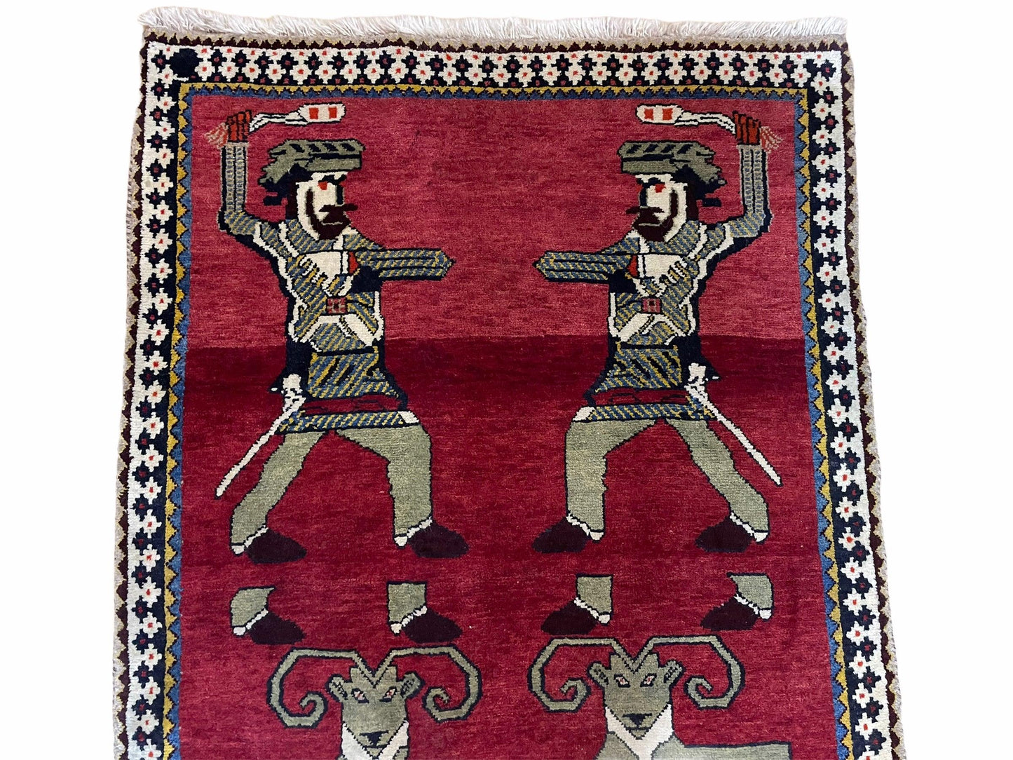 3 X 6 Handmade Wool Rug Tribal Balouch Warriors Deer Animal Pictorial Red Swords - Nuvé