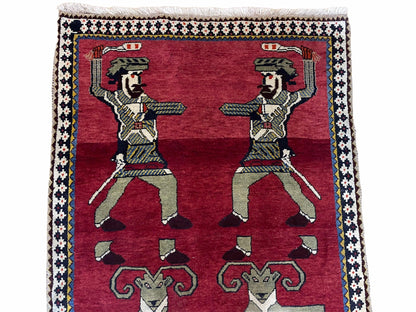 3 X 6 Handmade Wool Rug Tribal Balouch Warriors Deer Animal Pictorial Red Swords