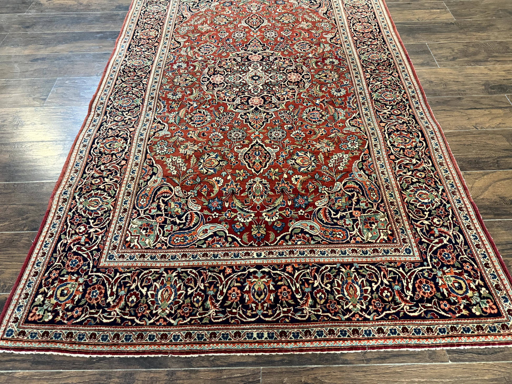 Persian Kashan Rug 4x7, Red and Navy Blue, Floral Antique Carpet - Nuvé