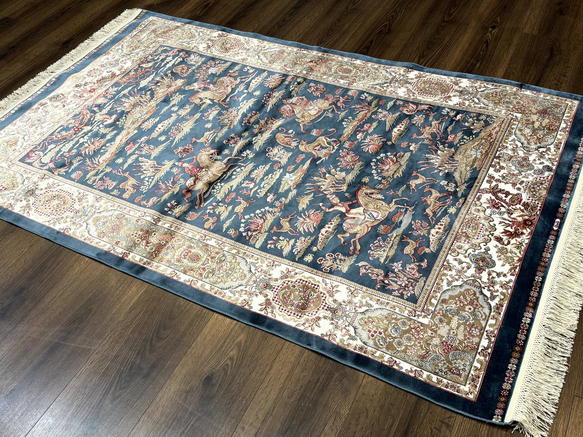 Turkish Silk Hunting Design Rug 4x6, Dark Steel Blue & Ivory, Bamboo Silk, New - Nuvé