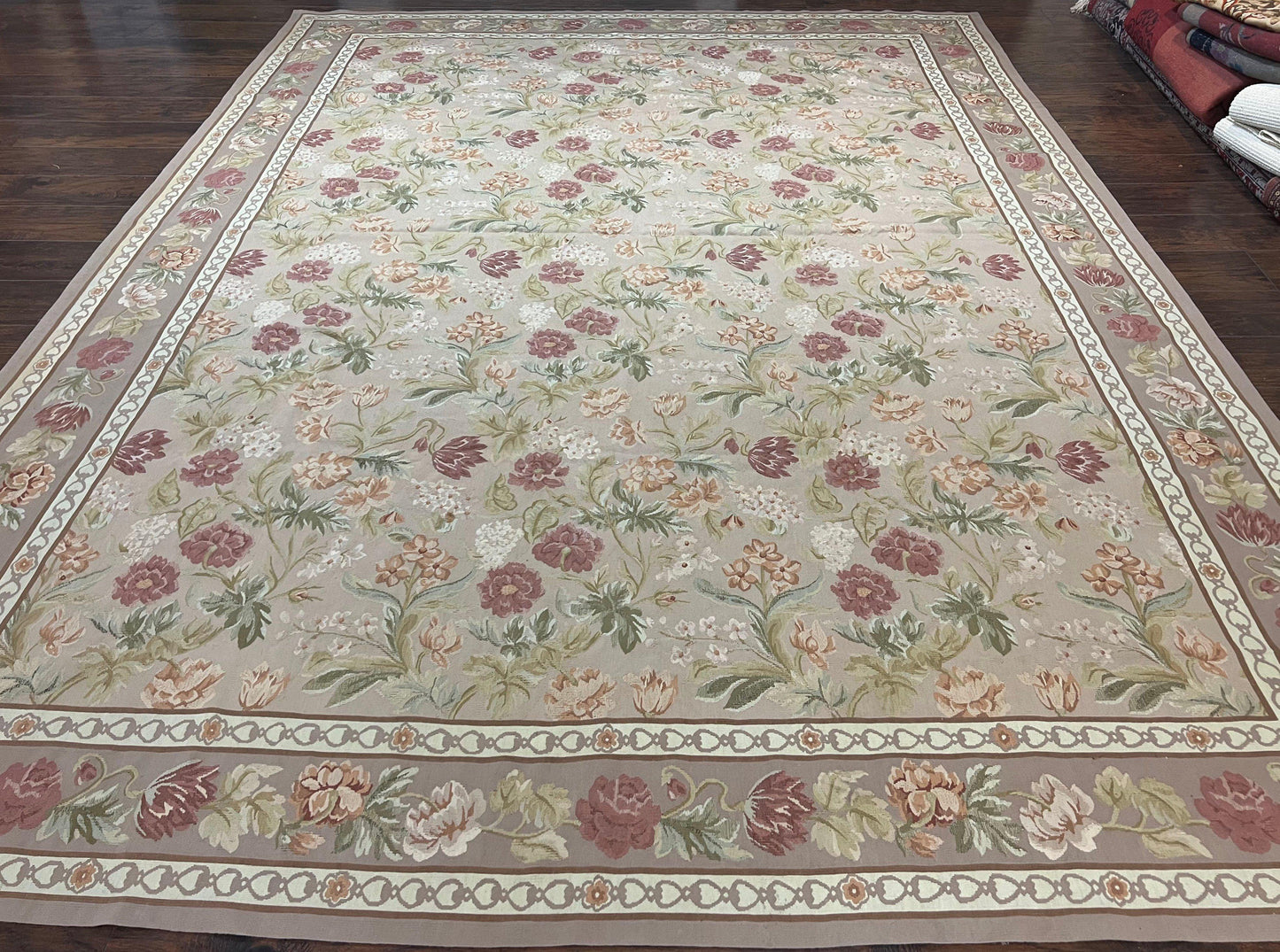Aubusson Rug 9x12, Pink Beige Light Mauve, Handmade Allover Floral Roses, Wool Flatweave Carpet 9 x 12 ft, European French Design, Elegant - Nuvé