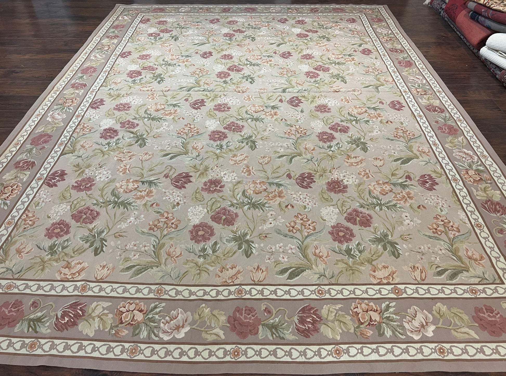 Aubusson Rug 9x12, Pink Beige Light Mauve, Handmade Allover Floral Roses, Wool Flatweave Carpet 9 x 12 ft, European French Design, Elegant - Nuvé