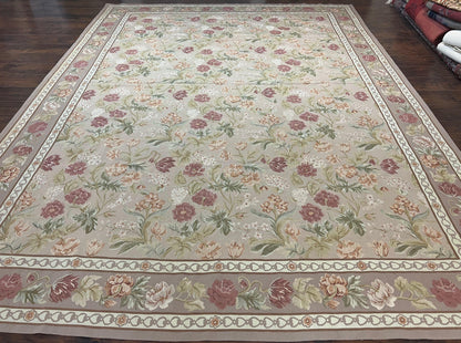 Aubusson Rug 9x12, Pink Beige Light Mauve, Handmade Allover Floral Roses, Wool Flatweave Carpet 9 x 12 ft, European French Design, Elegant - Nuvé