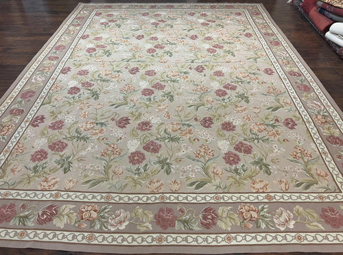 Aubusson Rug 9x12, Pink Beige Light Mauve, Handmade Allover Floral Roses, Wool Flatweave Carpet 9 x 12 ft, European French Design, Elegant - Nuvé