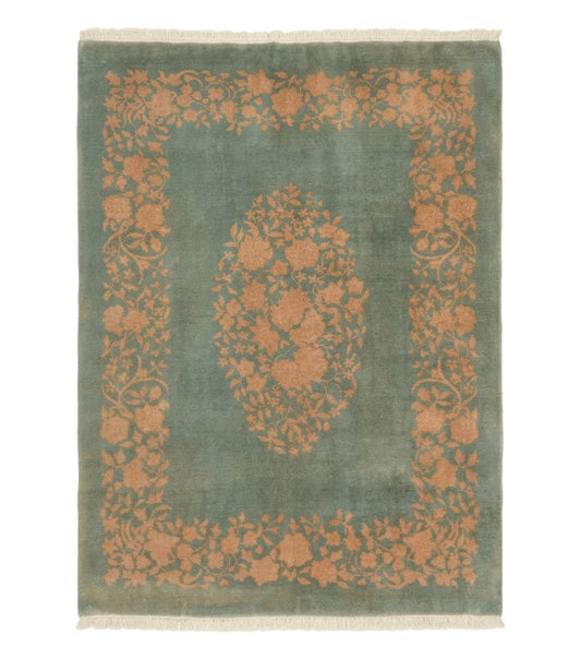Teal Chinese Wool Rug 6x8, Vintage Handmade Carpet, Floral, Semi Open Field
