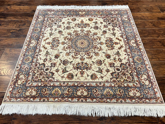Sino Persian Square Rug 5x5, Very Fine Oriental Carpet, Wool & Silk Highlights, Ivory, Hand Knotted Handmade Vintage Traditional Rug - Nuvé