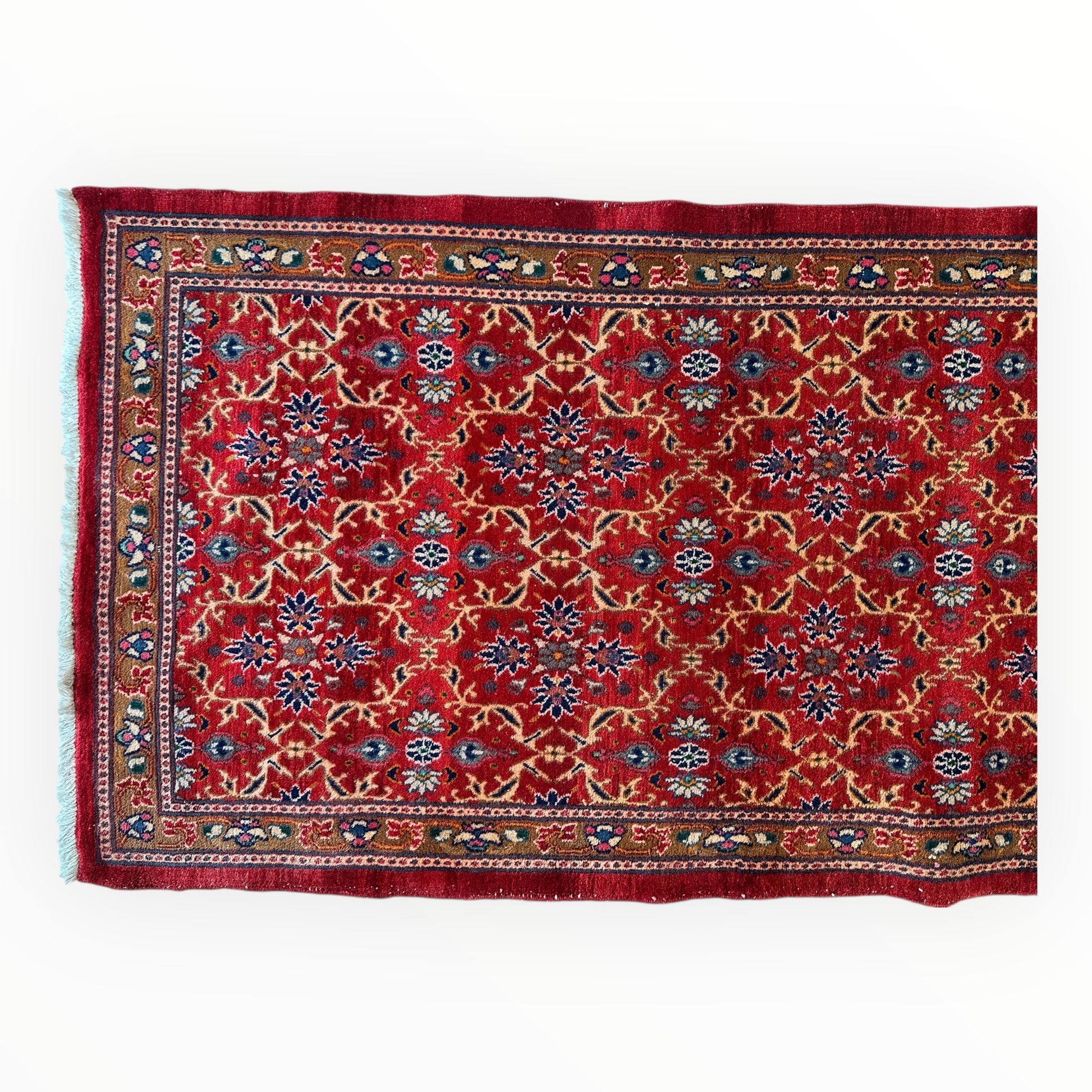 Vintage Mashhad Wool Runner – 3’3” x 8’4” – 1970s, Rich Red with Blue & Beige Accents - Nuvé