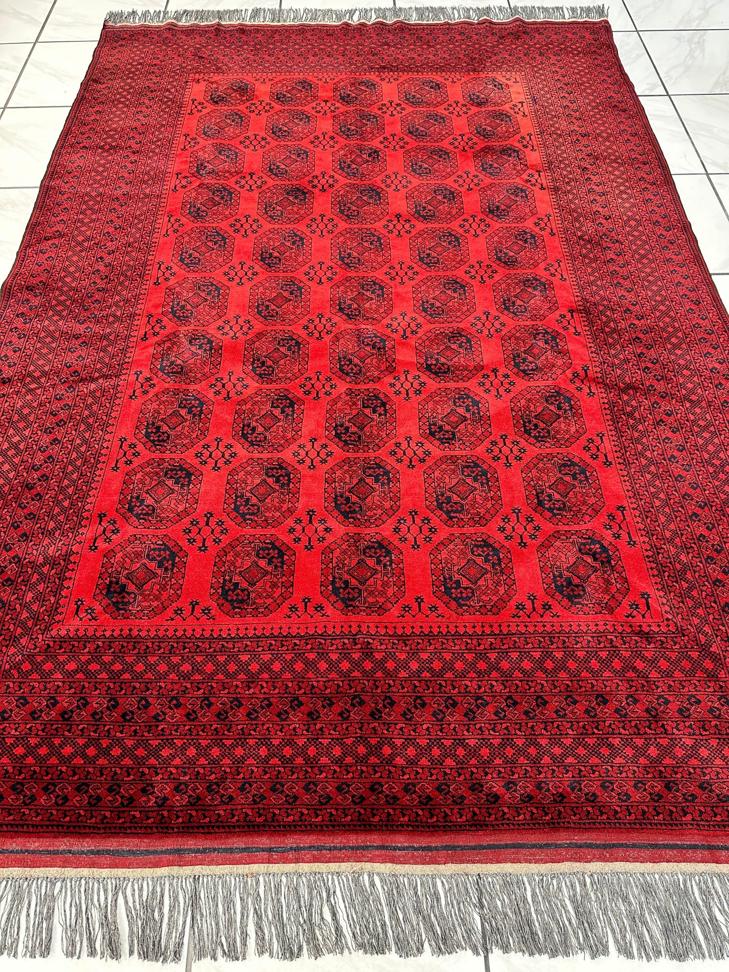 Hand-Knotted Turkoman Ersari Wool Rug – 6’7” x 9’6” – Rich Red Tones, Geometric Design - Nuvé